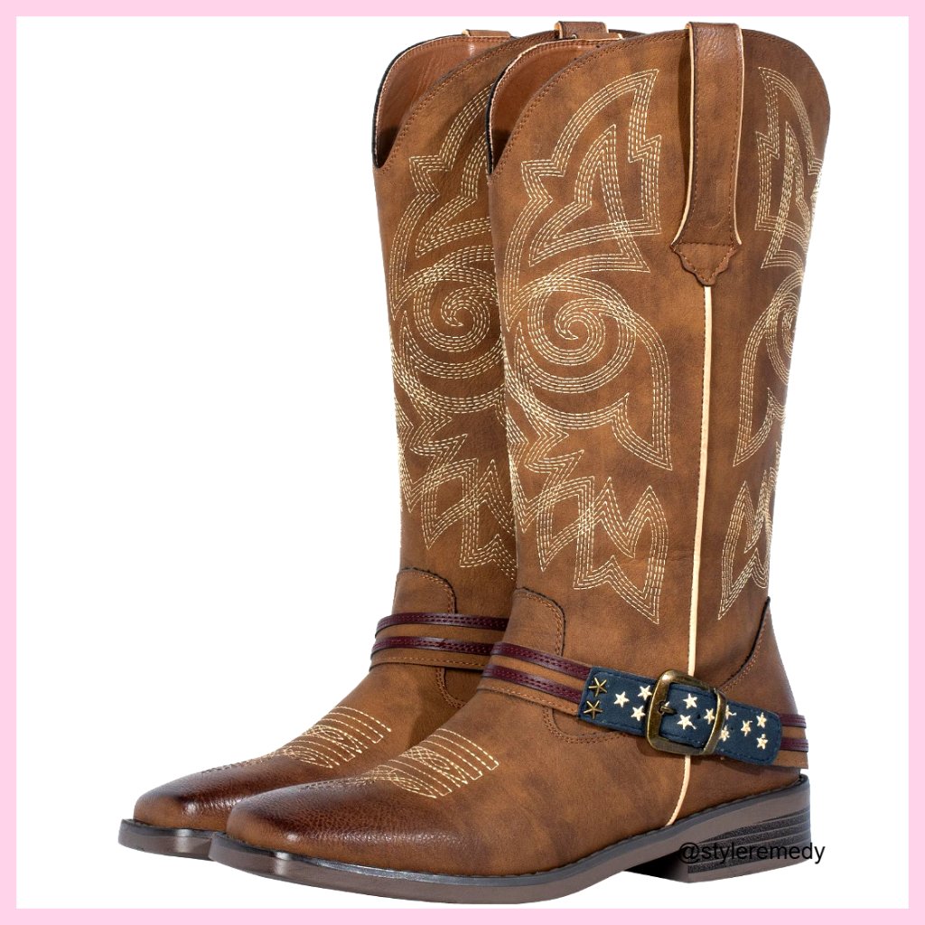 Wide Square Toe Western Cowgirl Boots Mid Calf Brown